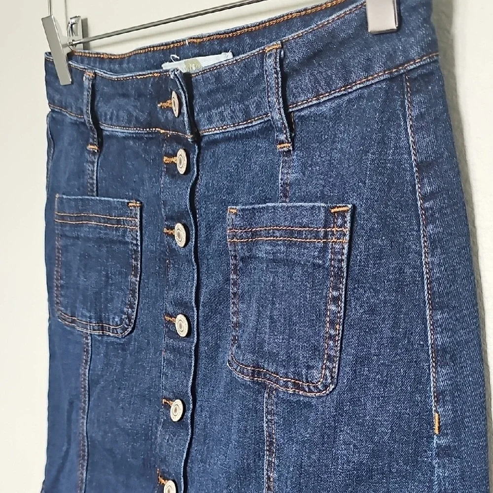 I & M Jeans Button Front Mini  Blue Denim Jean Stretch Skirt No Slit Medium
